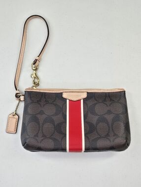 Coach Signature Stripe Wristlet Brown Coated Canvas Red Trim
